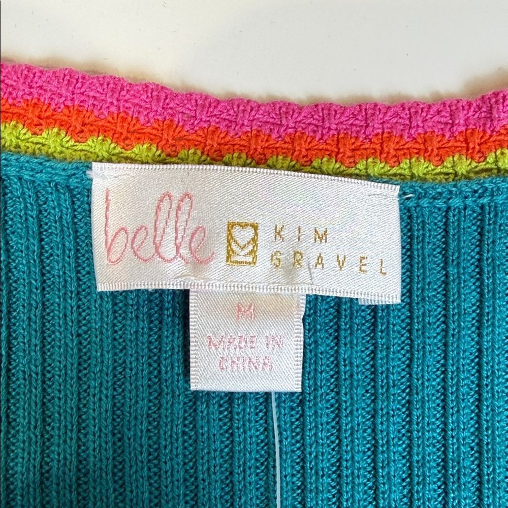 Belle by Kim Gravel Teal Sweater with Pink and Orange Accents, NWOT - Medium - Picture 5 of 10